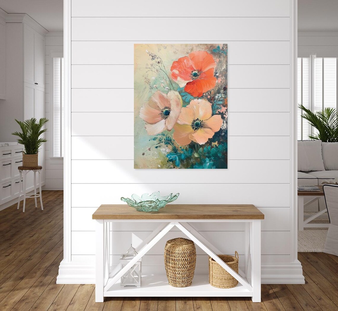 Large Coral and Peach Poppy Flowers Impasto Oil Painting Poster - Image 4