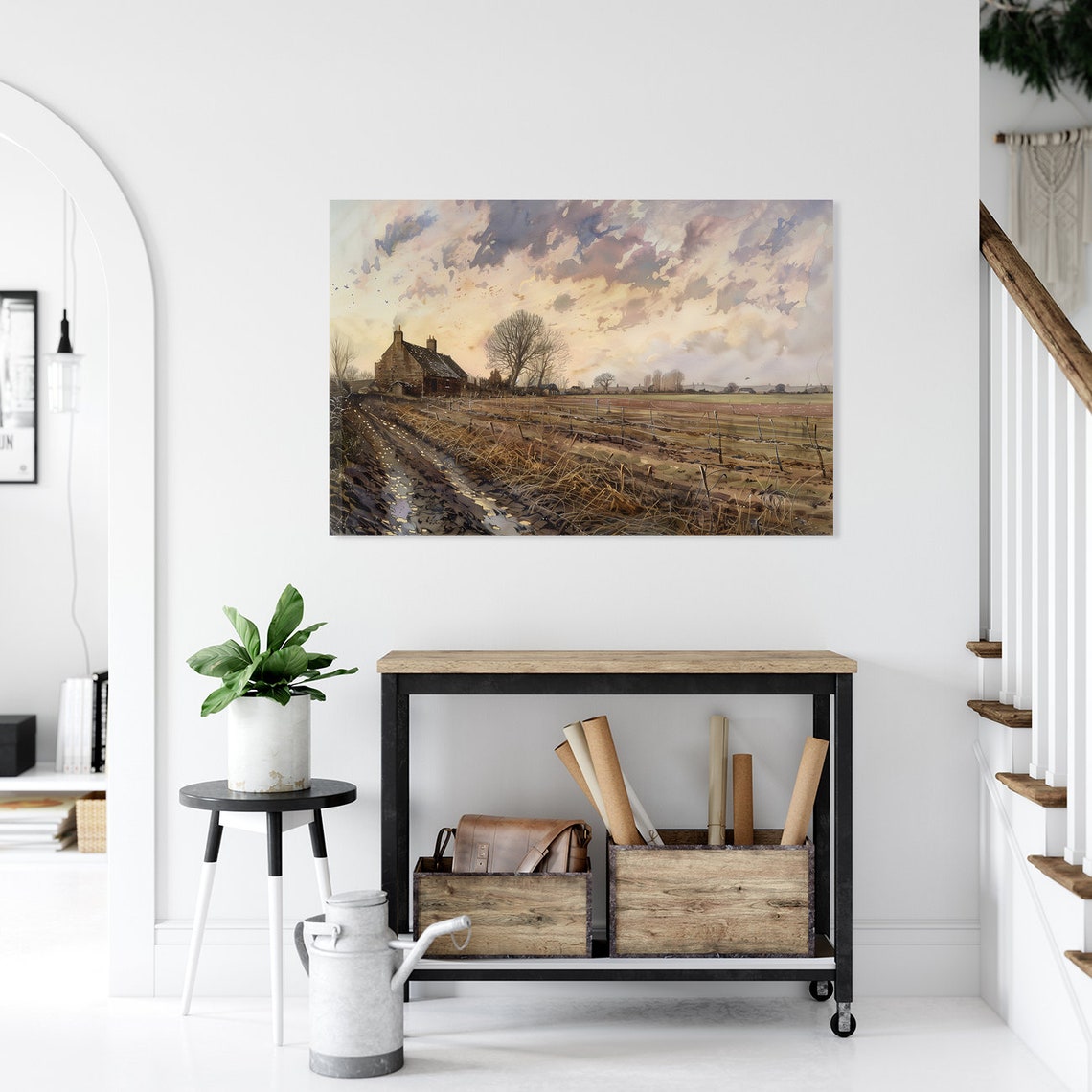 Rustic Farmhouse at Sunset Over Plowed Fields Watercolor Poster - Image 4