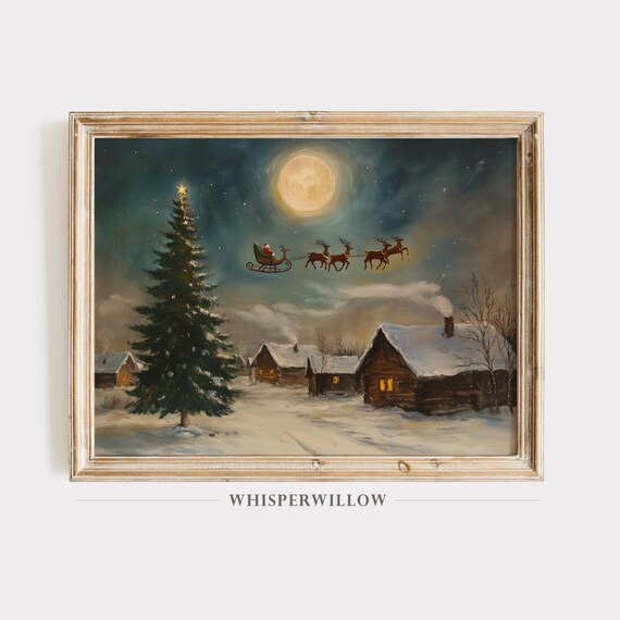 Santa Sleigh Over Moonlit Winter Village Art Print