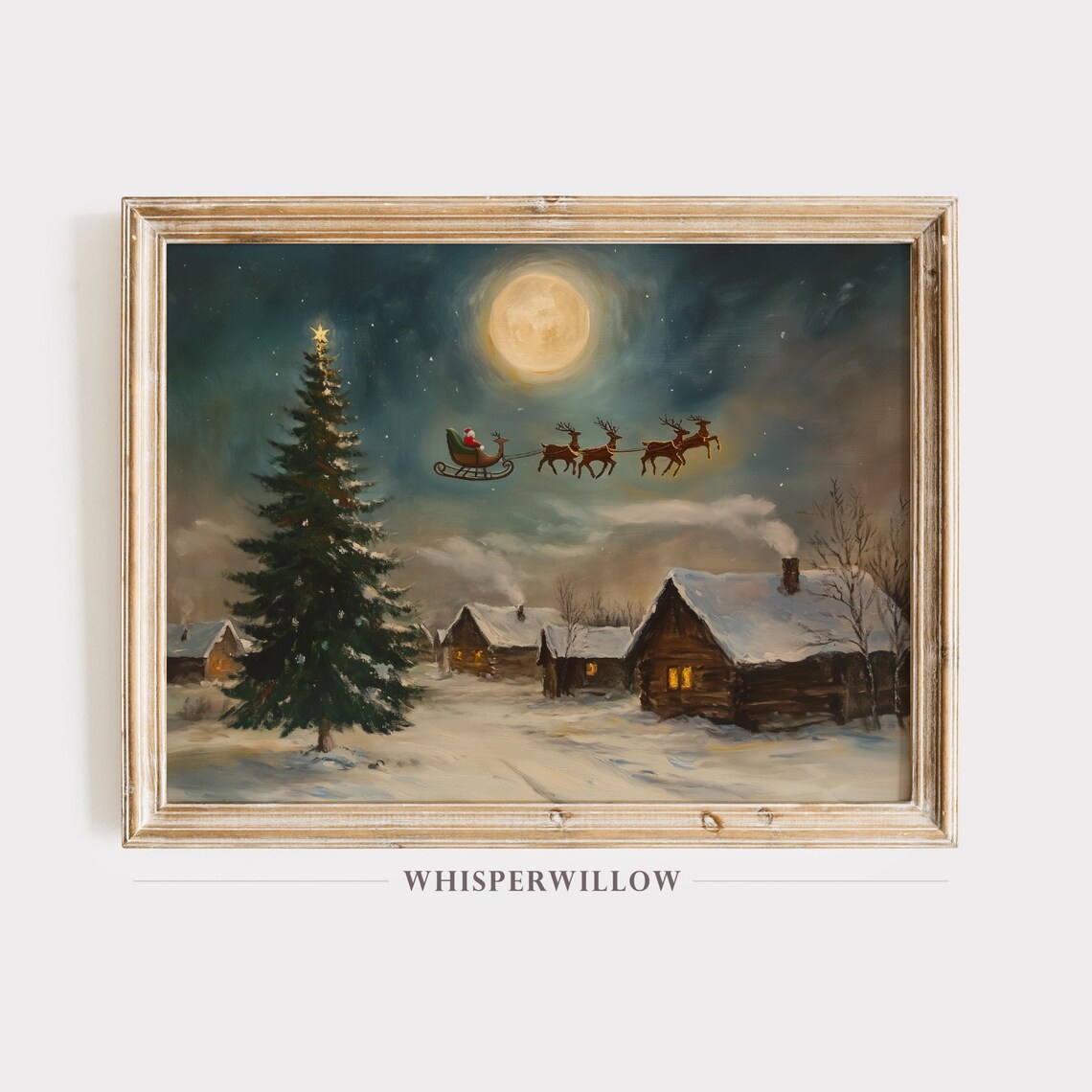 Santa Sleigh Over Moonlit Winter Village Art Print