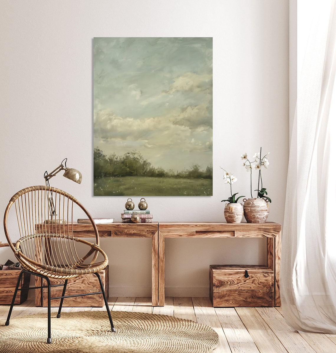 Overcast Sky Over Green Field Minimalist Cloudscape Art Poster - Image 5