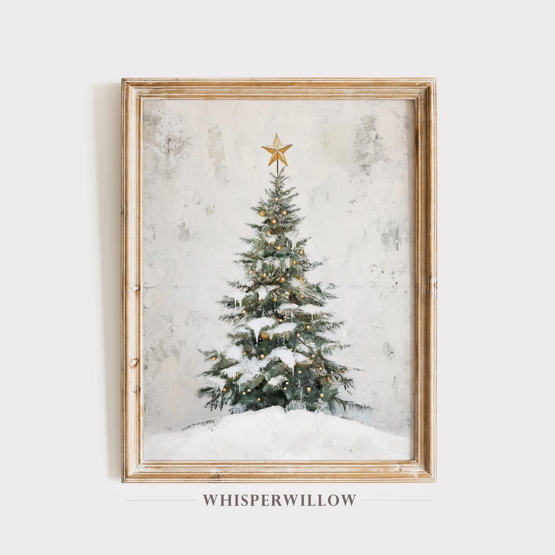 Snowy Christmas Tree Gold Star Topper Twinkle Lights Minimalist Poster