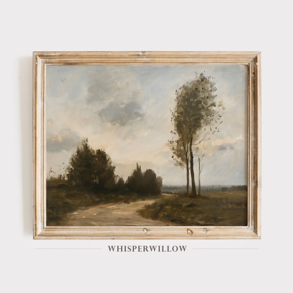 Gloomy Country Landscape Painting Antique Country Rustic Farmhouse Wall Decor Instant Print