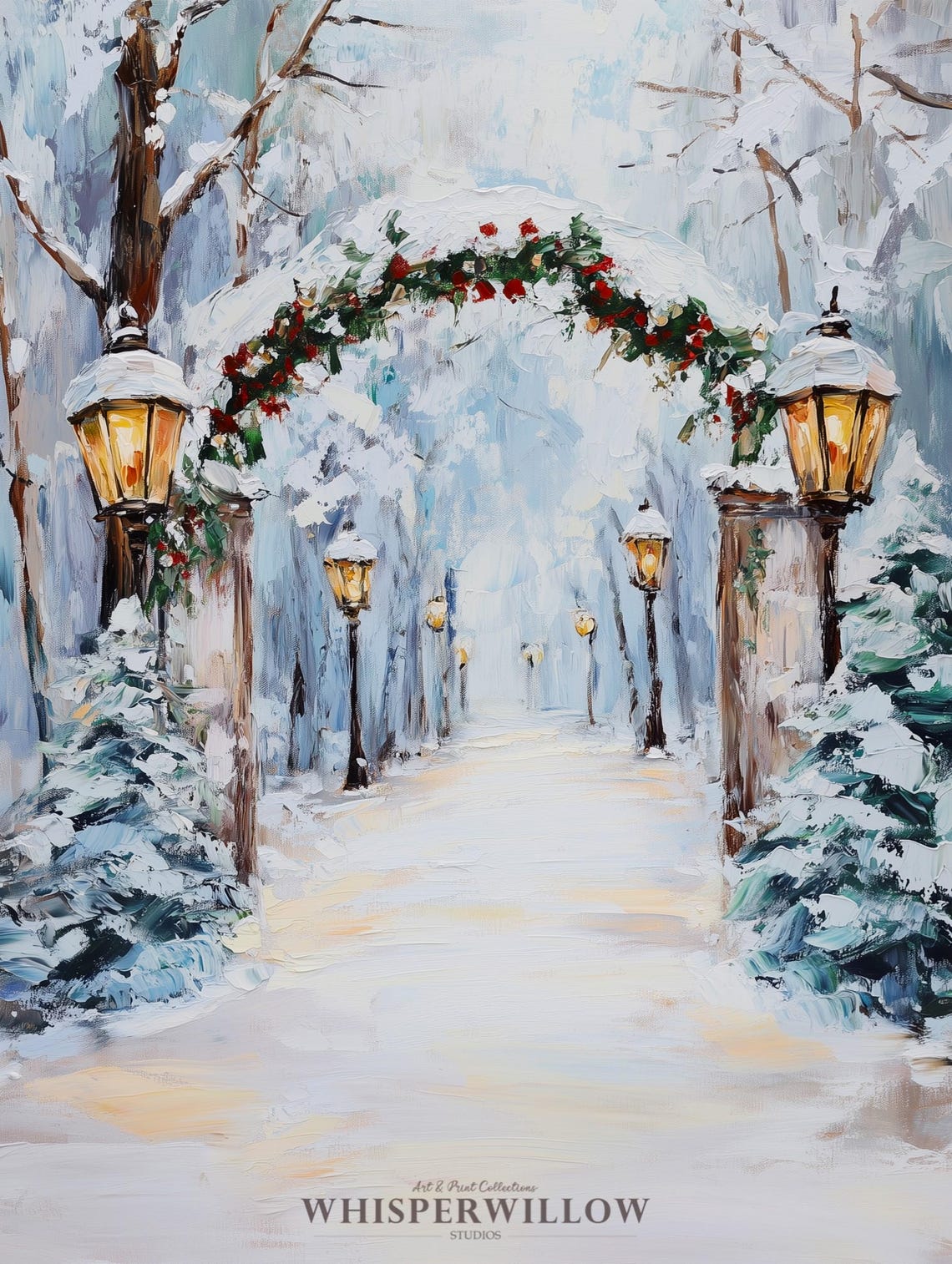 Snowy Winter Path with Lanterns and Garland Arch Christmas Poster - Image 6