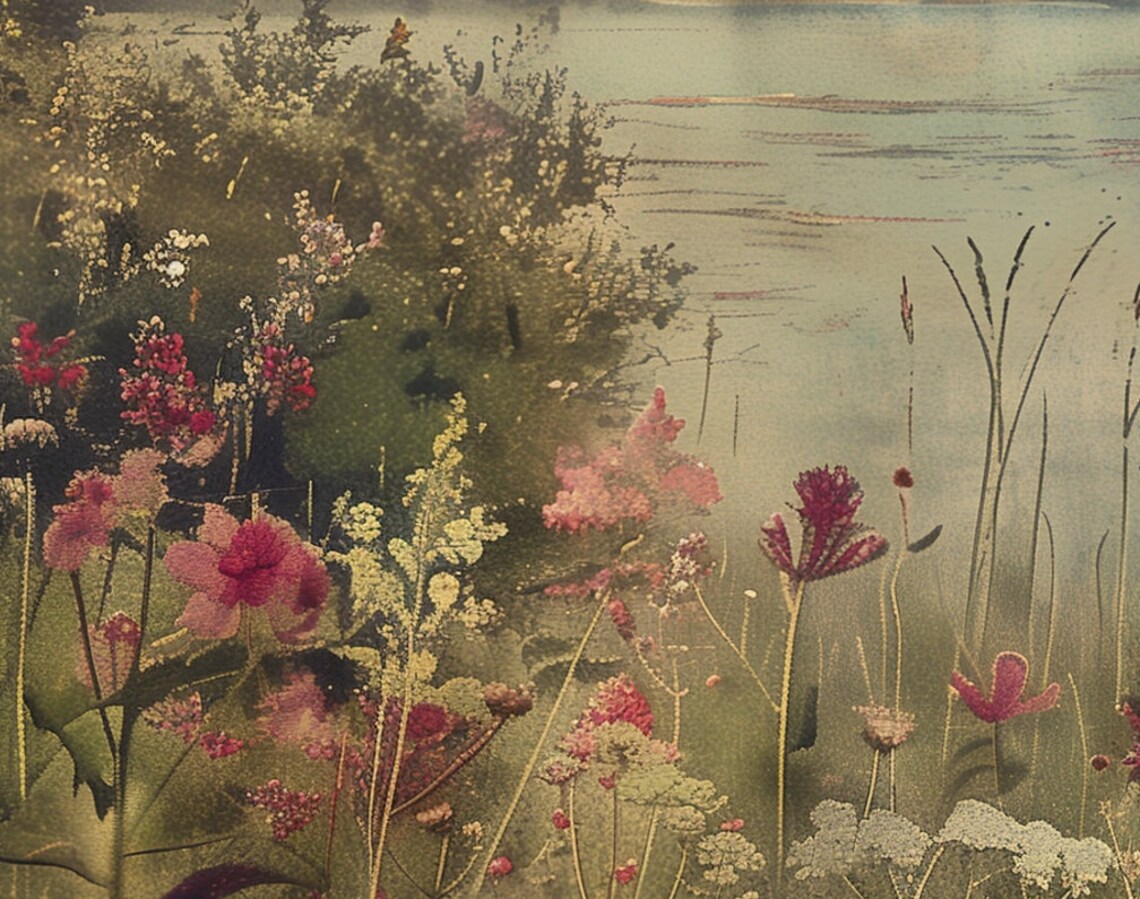 Vintage Summer Lake Wildflower Meadow Antique Landscape Oil Poster - Image 6