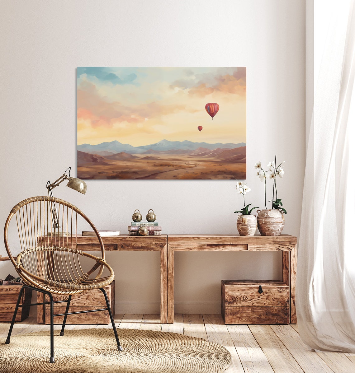 Red Hot Air Balloons Desert Valley Sunset Layered Mountain Poster - Image 3
