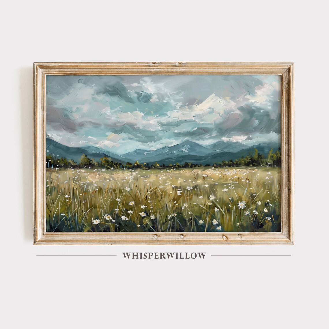 White Wildflowers and Mountains Oil Painting Art Print