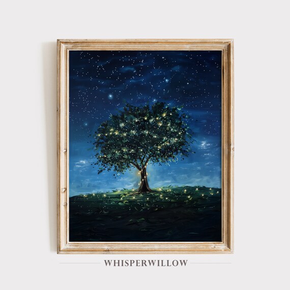 Midnight Stars Twinkle Lights Tree Art Print