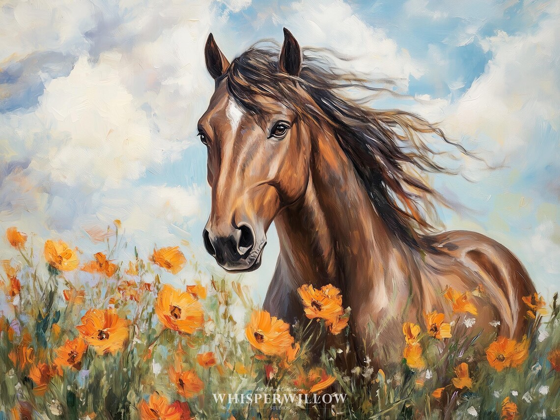 Majestic Brown Horse Orange Poppies Field Sunny Meadow Painting Poster - Image 6