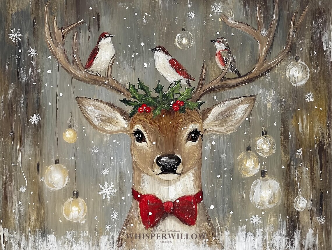 Christmas Deer Birds Antlers Holly Crown Red Bow Tie Ornaments Poster - Image 6