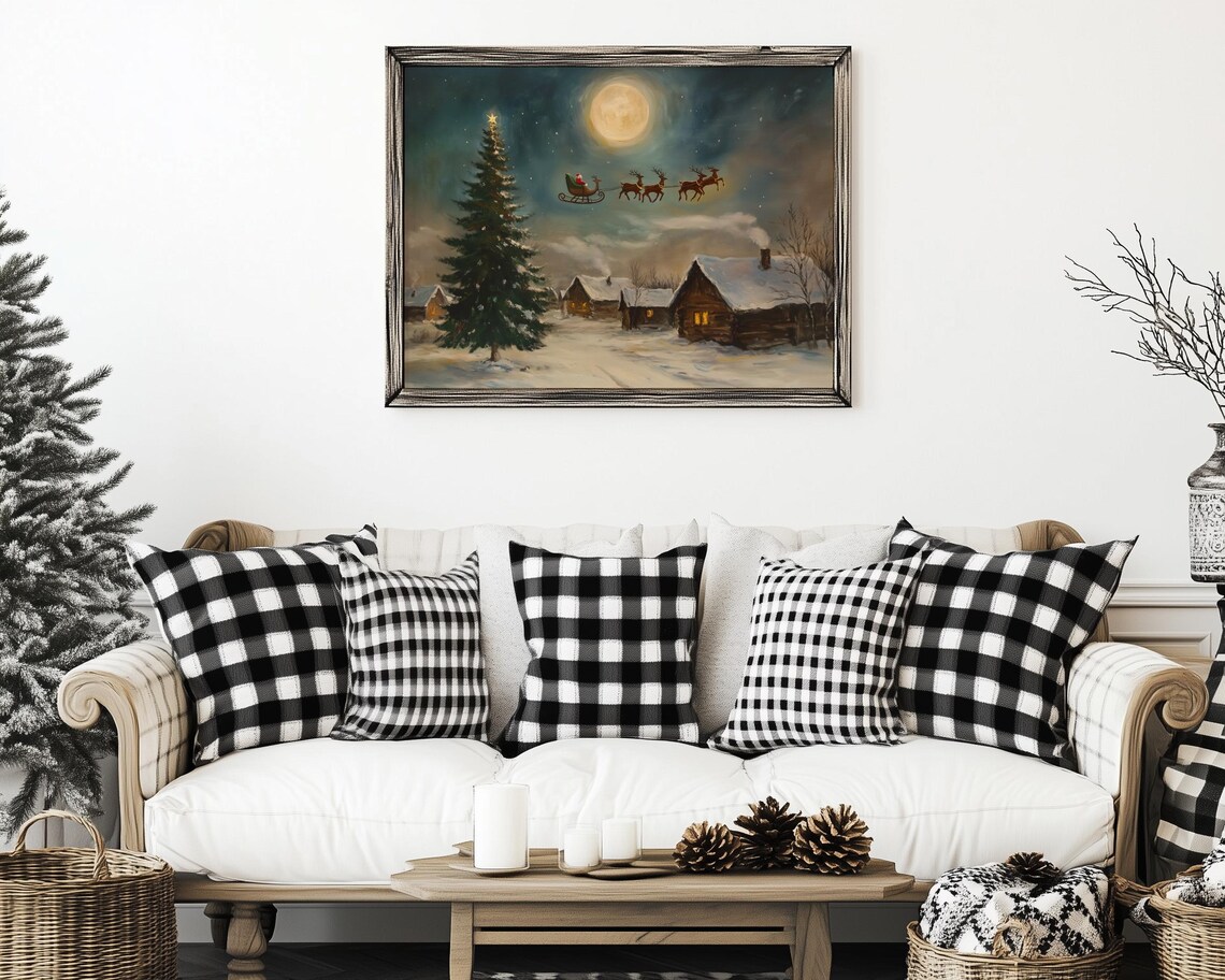 Santa Sleigh Over Moonlit Winter Village Art Print - Image 3