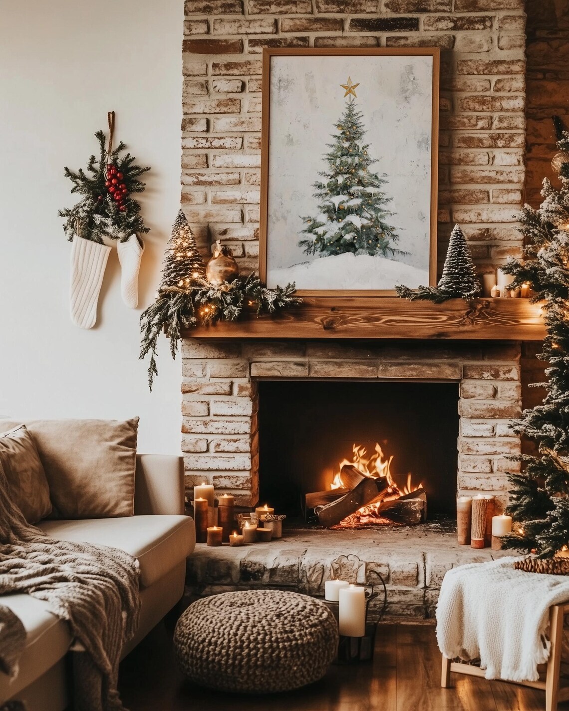 Snowy Christmas Tree Gold Star Topper Twinkle Lights Minimalist Poster - Image 4