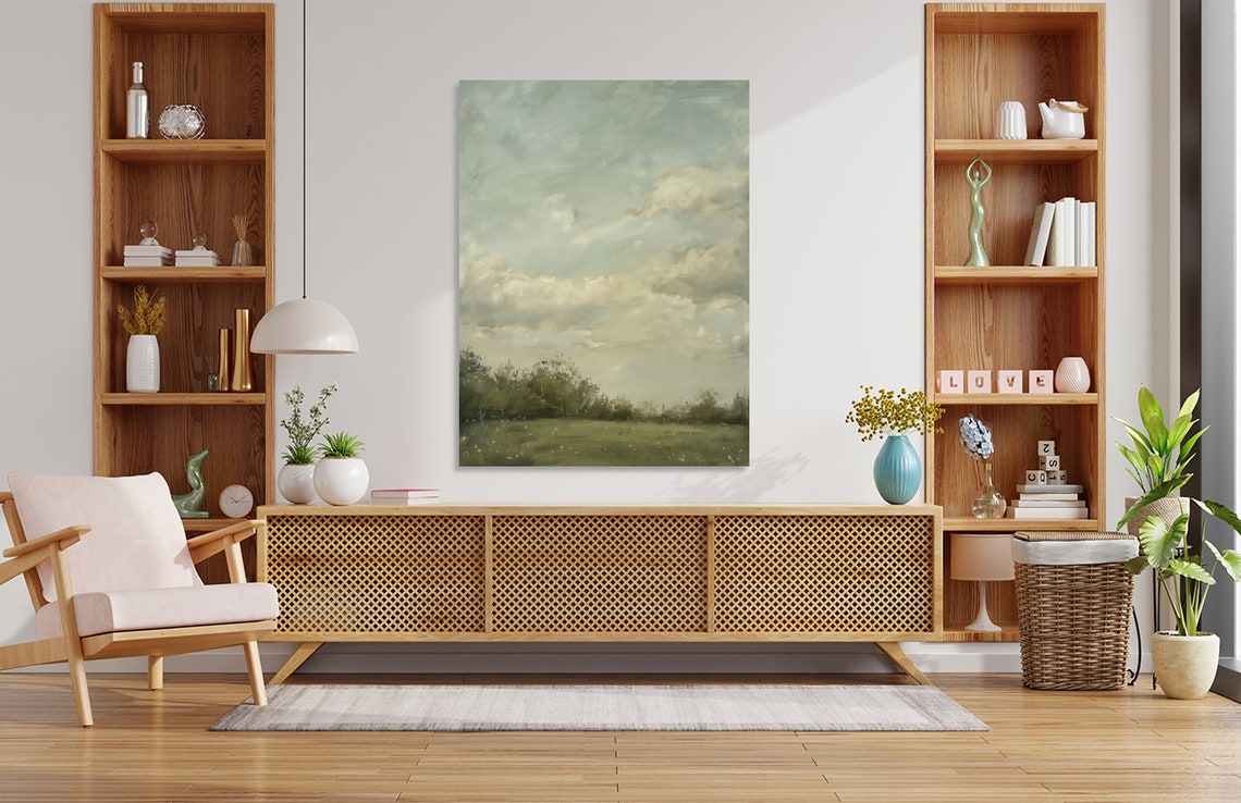 Overcast Sky Over Green Field Minimalist Cloudscape Art Poster - Image 2