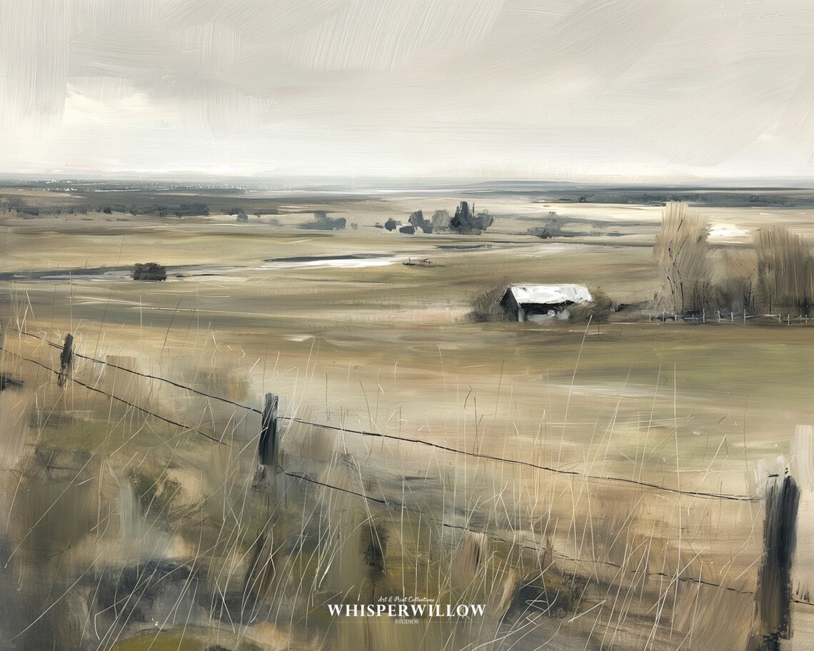 Misty Autumn Prairie Barn and Fence Line Vintage Landscape Poster - Image 6