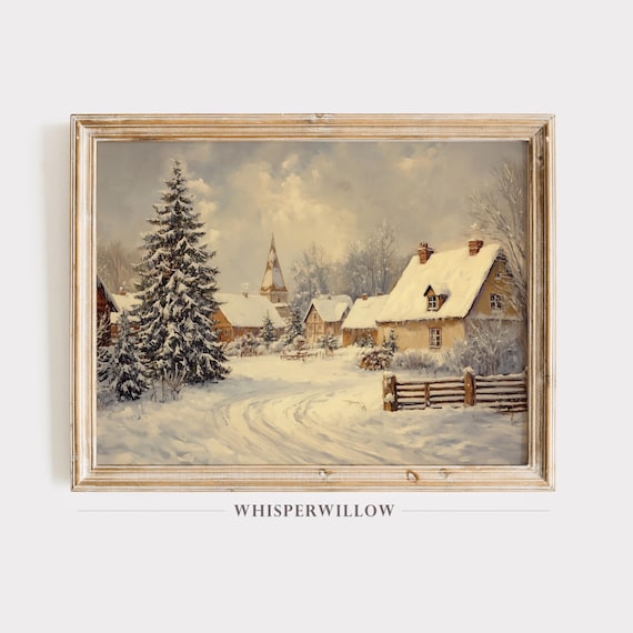 Snowy Winter Village with Church Steeple Oil Painting Poster