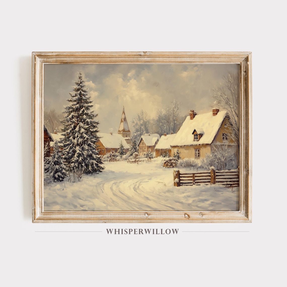 Snowy Winter Village with Church Steeple Oil Painting Poster