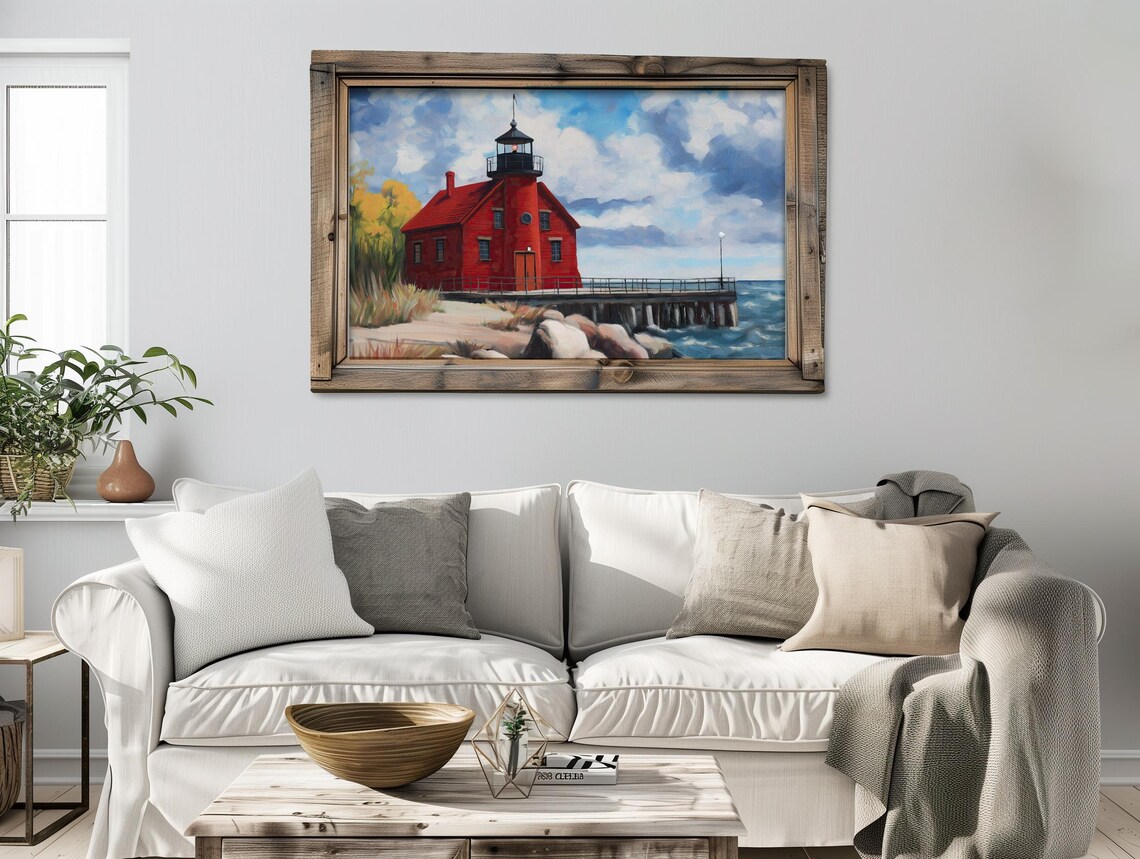 Red Lighthouse Coastal Landscape Painting Rocky Seashore Waves Poster - Image 2