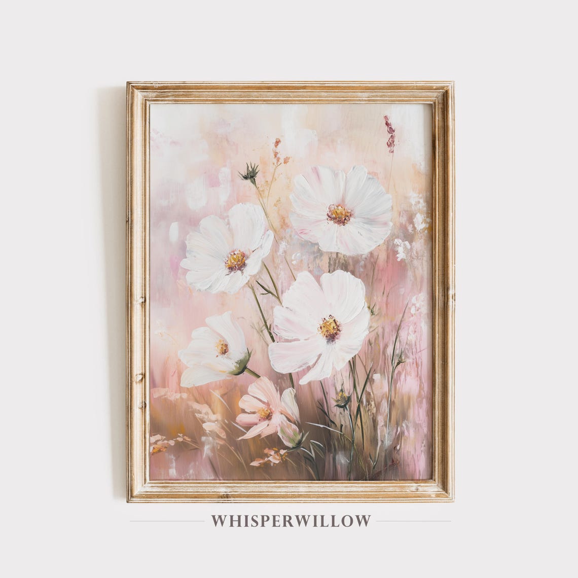 Soft White Cosmos Flowers on Blush Pink Floral Painting Poster