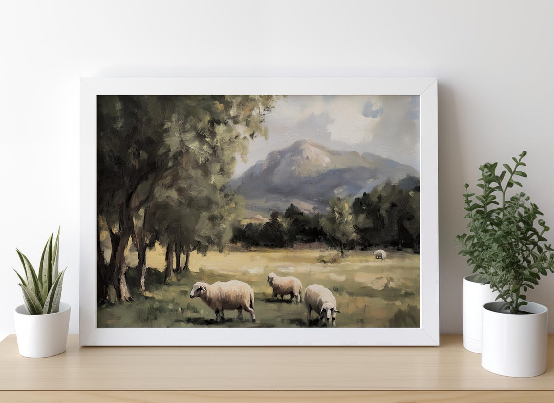 Sheep Grazing in a Green Mountain Meadow Oil Painting Poster - Image 4
