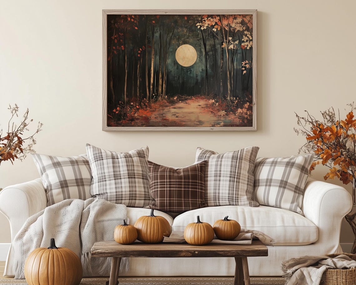 Bright Full Moon Rising Over a Dark Autumn Forest Path Poster - Image 2