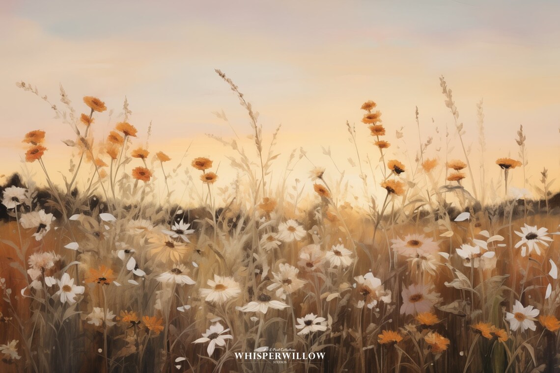 White and Orange Wildflowers Sunset Meadow Painting Art Poster - Image 6