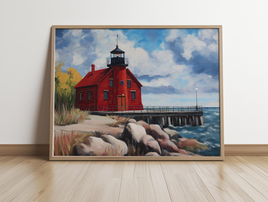 Red Lighthouse Coastal Landscape Painting Rocky Seashore Waves Poster - Image 4