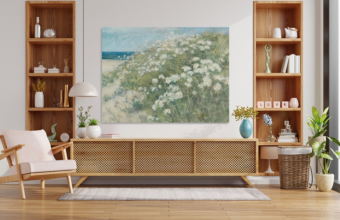 White Wildflowers On Coastal Sand Dunes Breezy Seascape Art Poster - Image 4