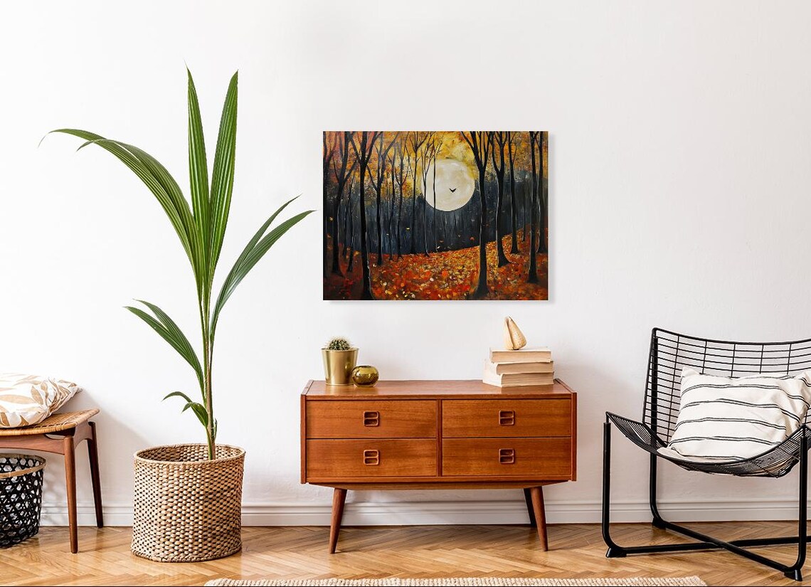 Autumn Forest Moonlight Painting Full Moon Dark Woodland Poster - Image 2