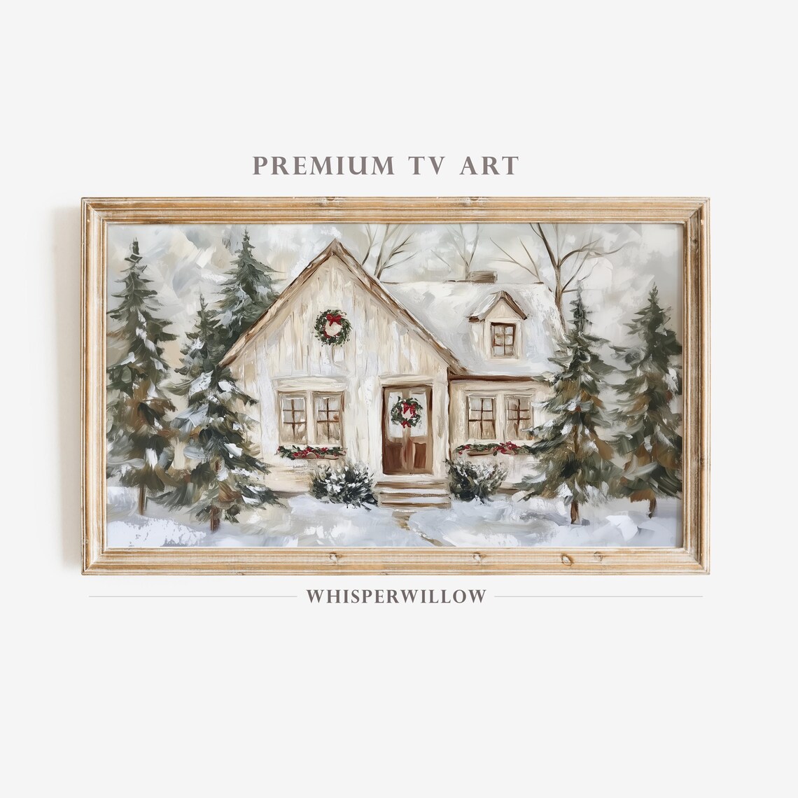 Cozy Snowy Christmas Cottage with Wreaths Winter Village Poster