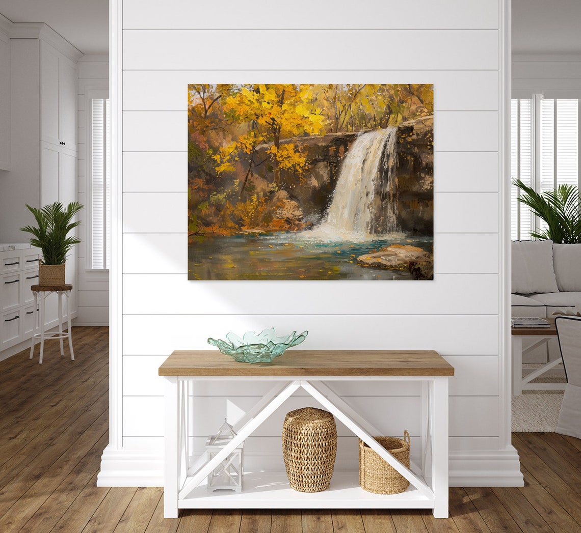 Autumn Waterfall Golden Fall Foliage Impasto Forest Landscape Poster - Image 2