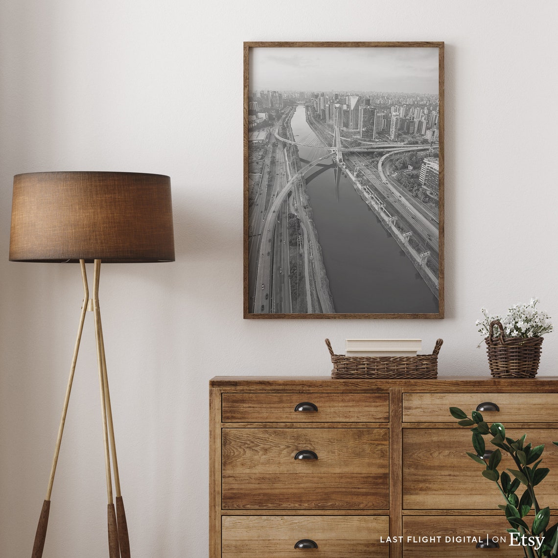 Brazil Sao Paulo Ponte Estaiada Bridge Aerial River Black White Poster - Image 5