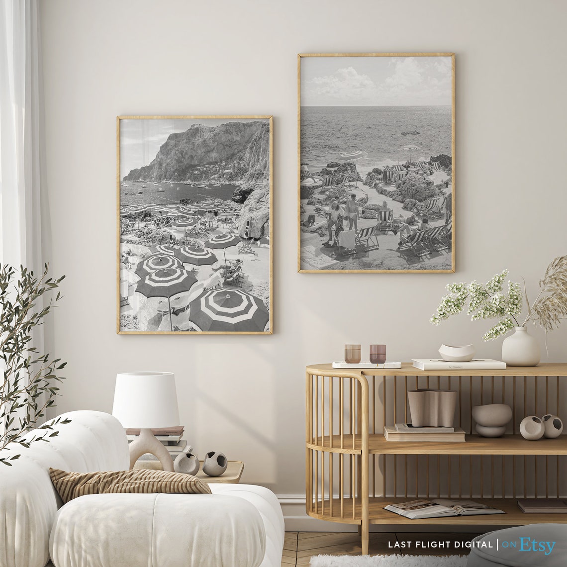 Italy Capri Rocky Beach Umbrellas Coastline Black White Poster - Image 4