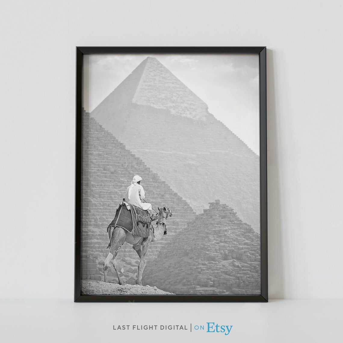 Egypt Giza Pyramid Camel Rider Desert Silhouette Black White Poster