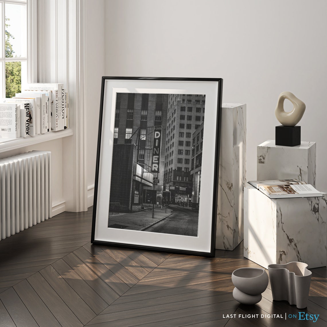 New York Print Pearls Diner New York Poster New York City Nyc Black And White Photo Cityscape Skyline Downtown City Streets Night - Image 3