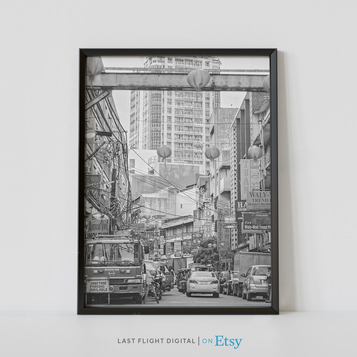 Philippines Manila Binondo Chinatown Lantern Street Black White Poster