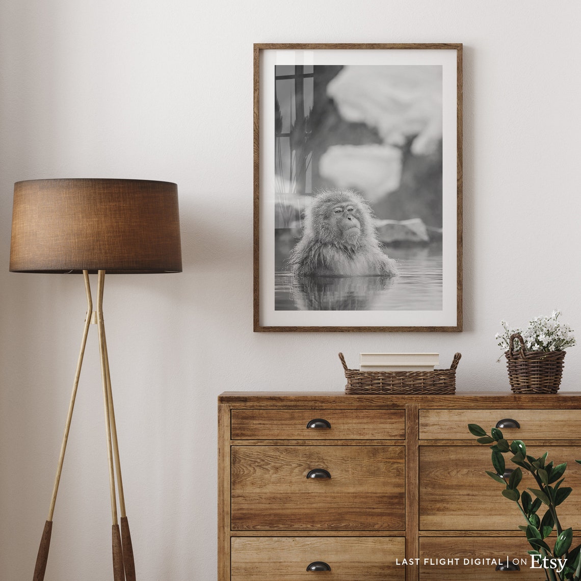 Japanese Snow Monkey Hot Spring Bath Black And White Photo Poster - Image 5
