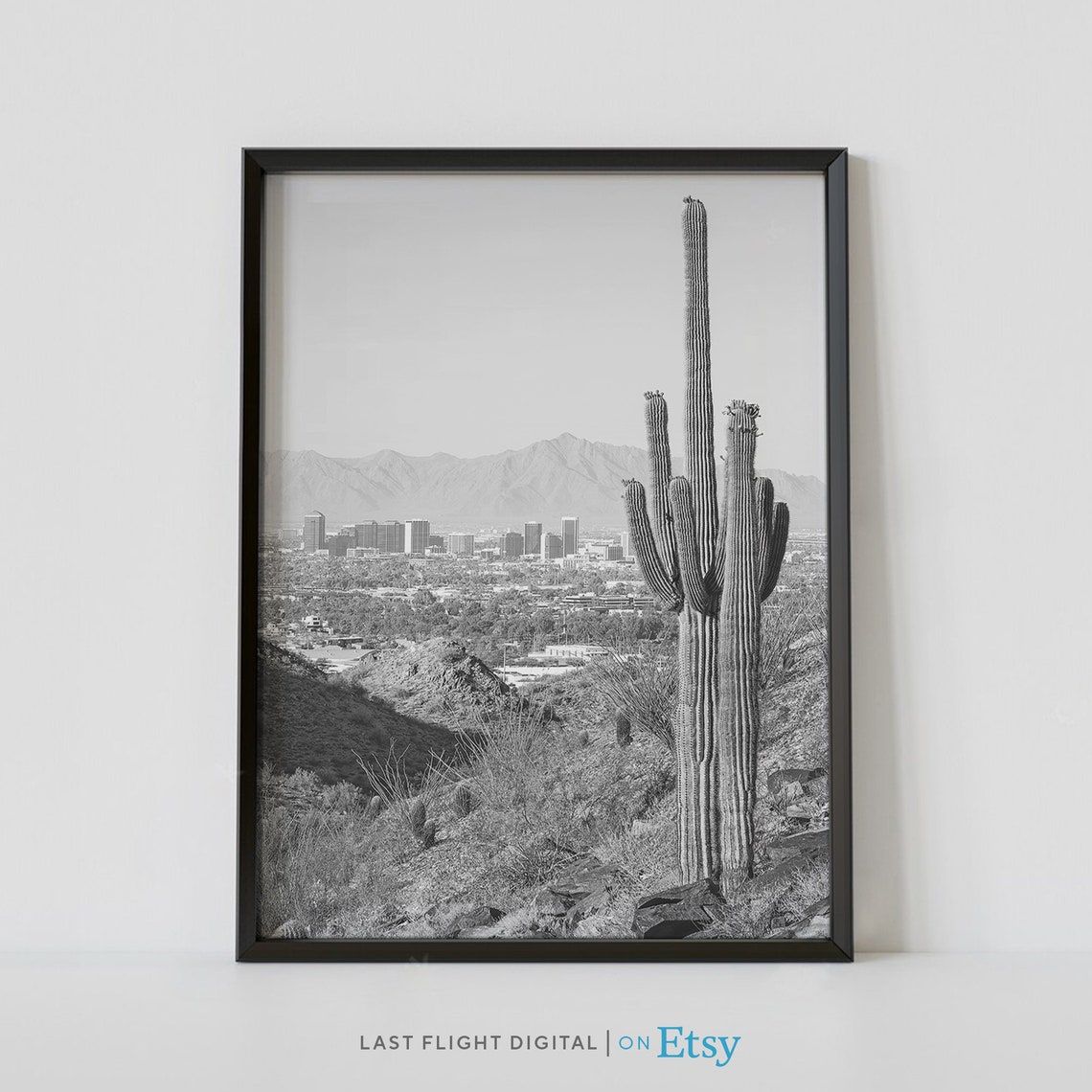 Phoenix Arizona Skyline Saguaro Cactus Desert Black White Poster