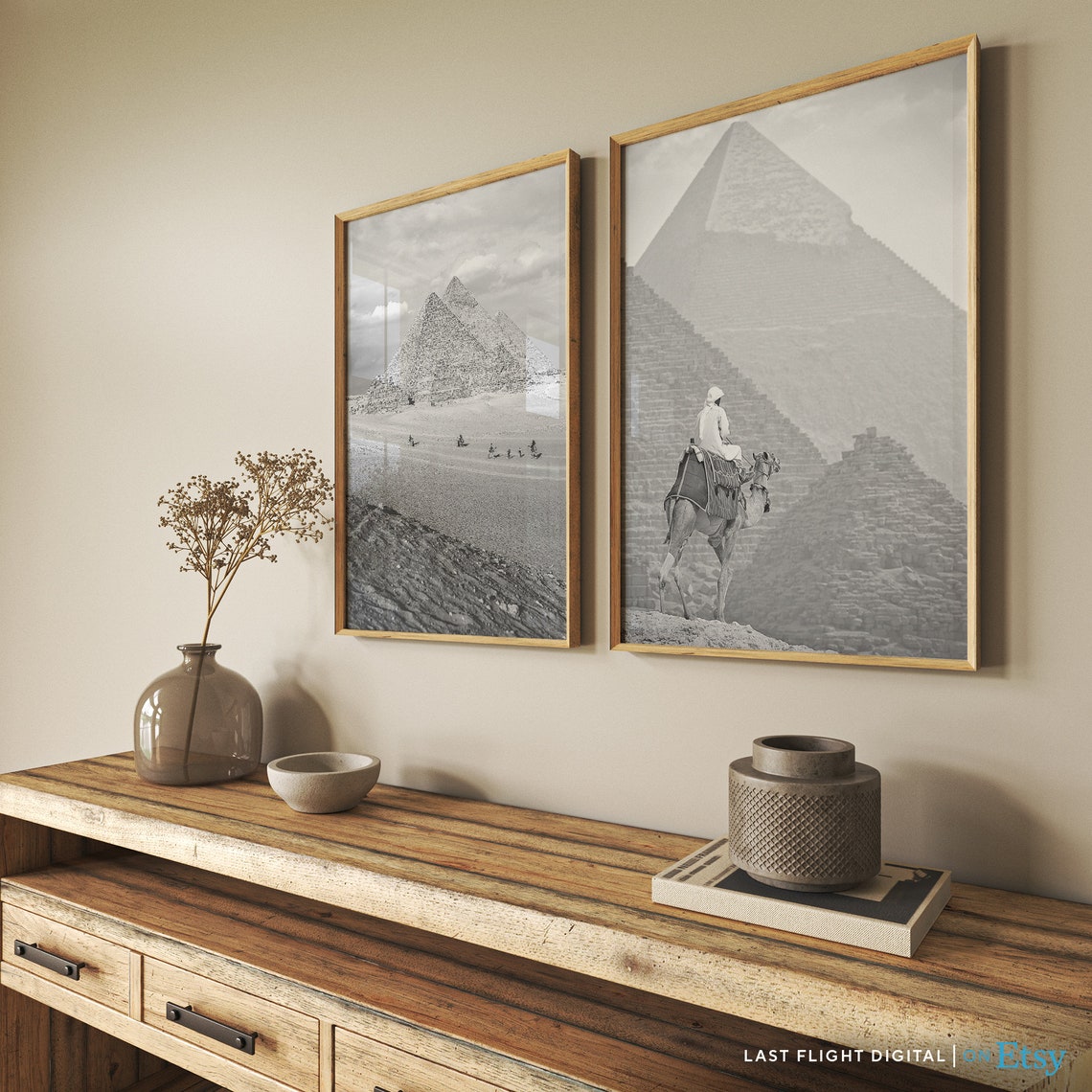 Egypt Giza Pyramid Camel Rider Desert Silhouette Black White Poster - Image 4