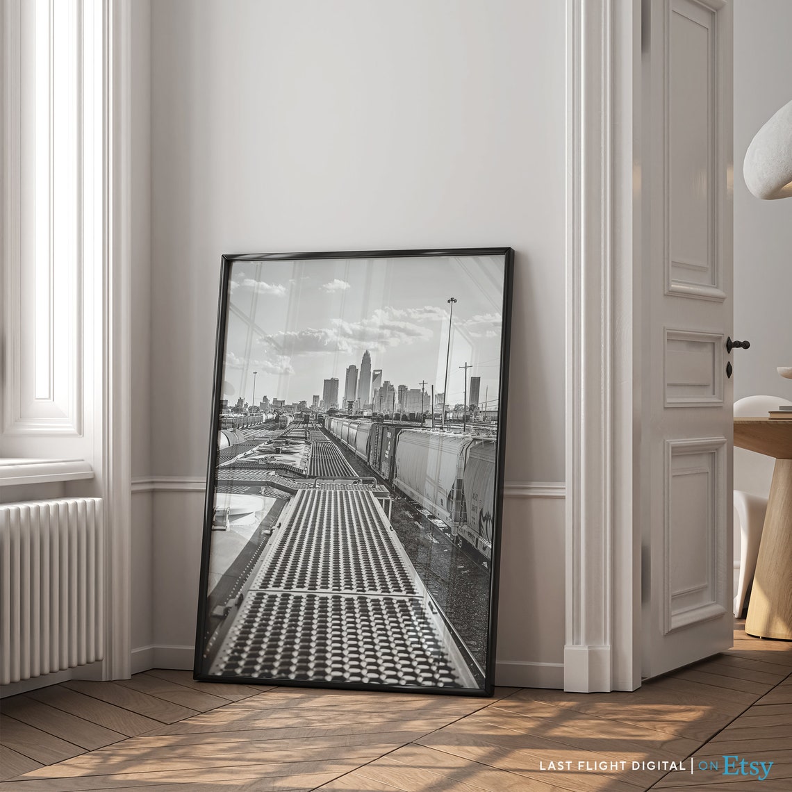 Charlotte North Carolina Train Yard Skyline Black White Poster - Image 2