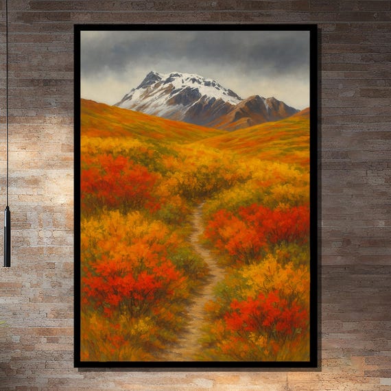 Autumn Mountain Path, Fiery Foliage Art Print