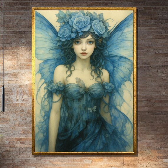 Blue Fairy Girl With Roses And Wings Art Print