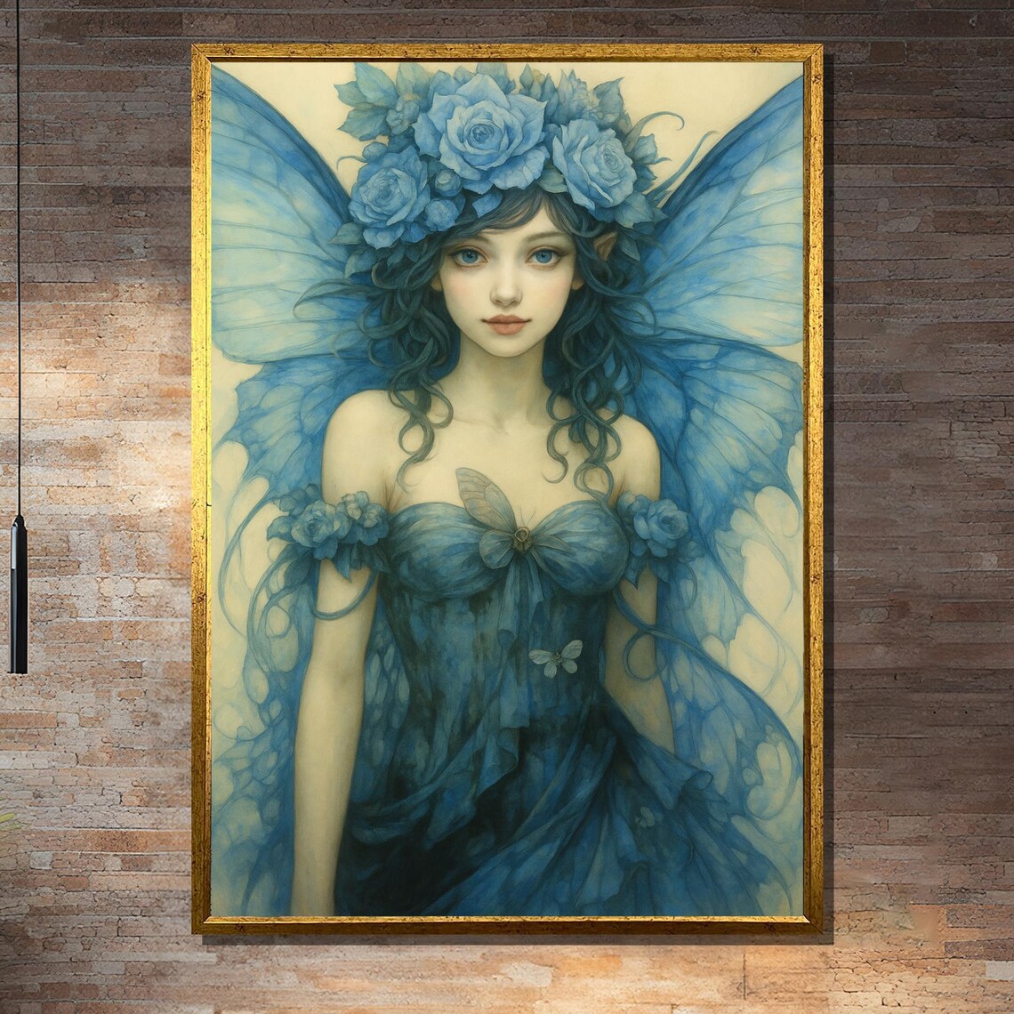 Blue Fairy Girl With Roses And Wings Art Print