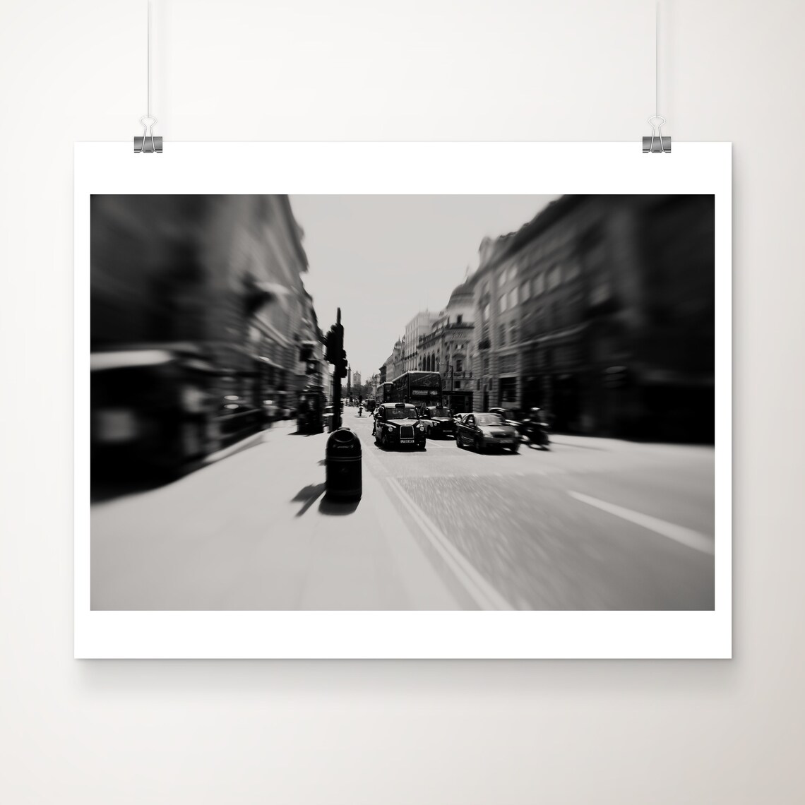 Black And White London Street Black Taxi Motion Blur Photo Print