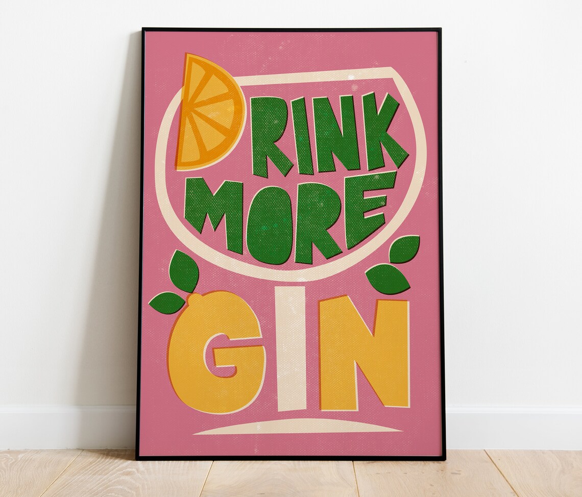 Drink More Gin Cocktail Art Print, Mid-Century Style