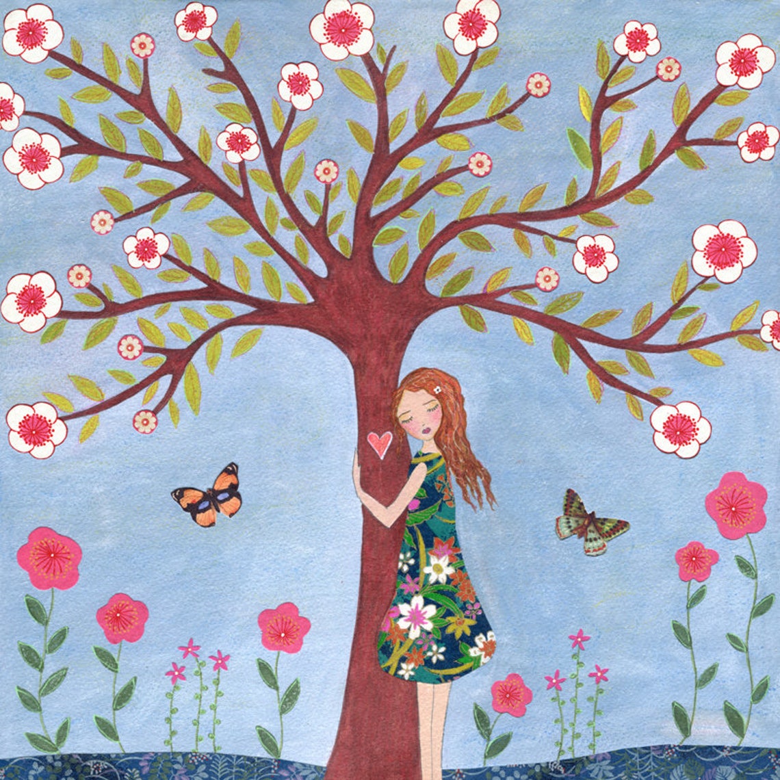 Art Print Girl Art Print Girl Hugging Tree Print Folk Art Print Nursery Art Print Children Art Nursery Wall Art Love Nature