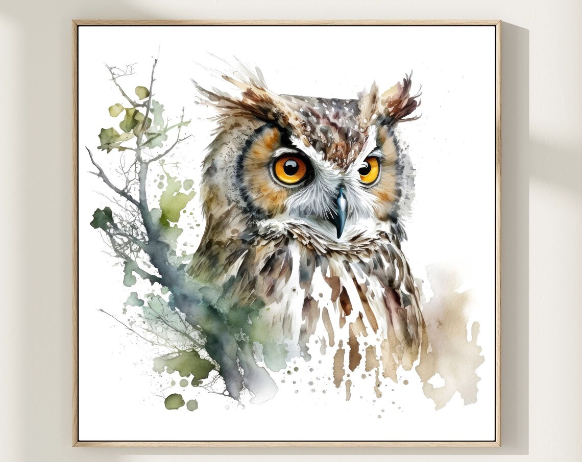 Beautiful Amber Eyed Owl Watercolor Wildlife Portrait Art Print