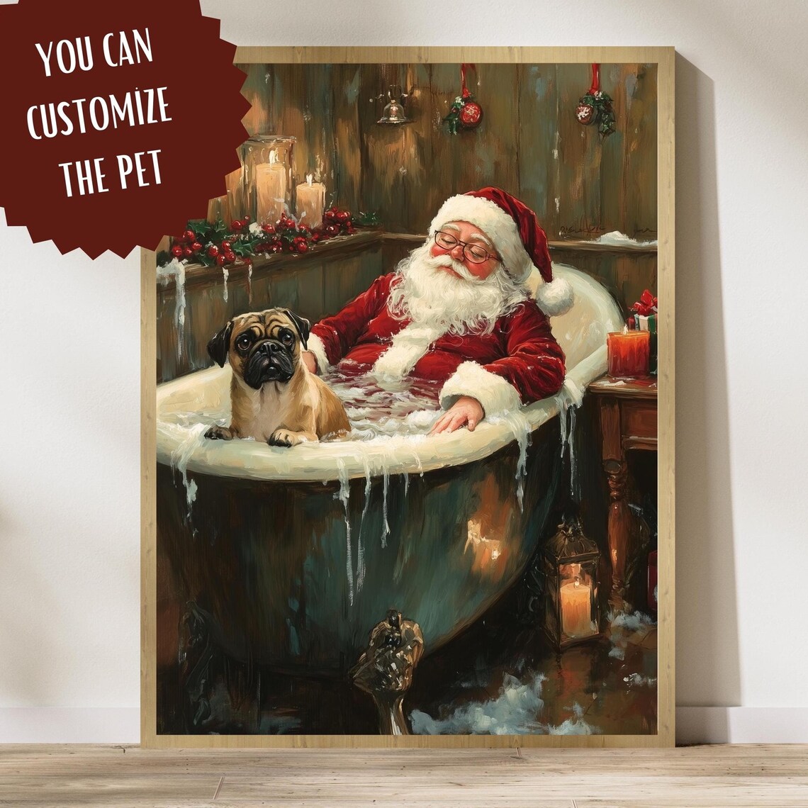 Santa Relaxing in Bathtub With Pug, Christmas Art Print