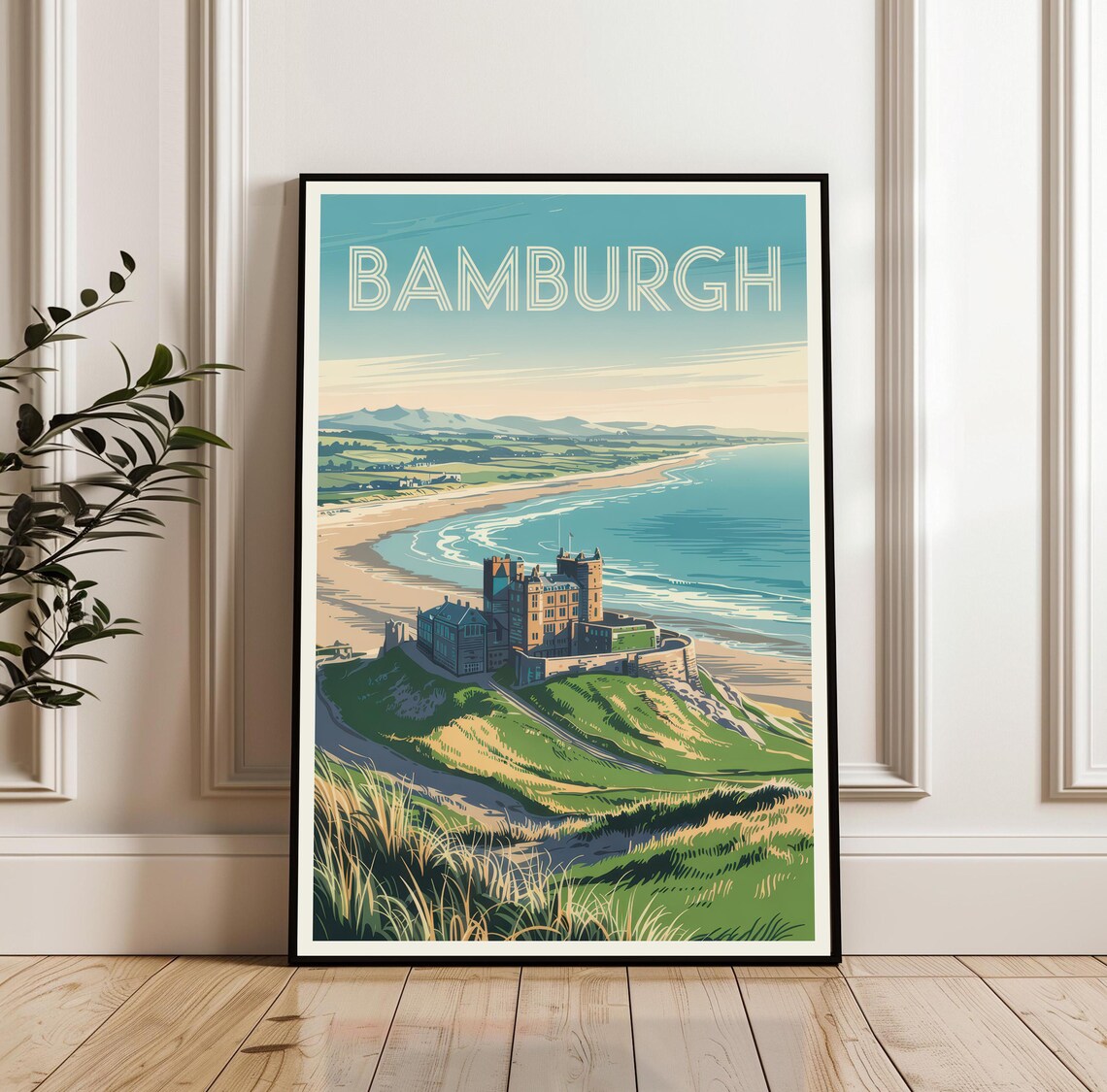 Bamburgh Castle Coastal Headland England Vintage Travel Poster