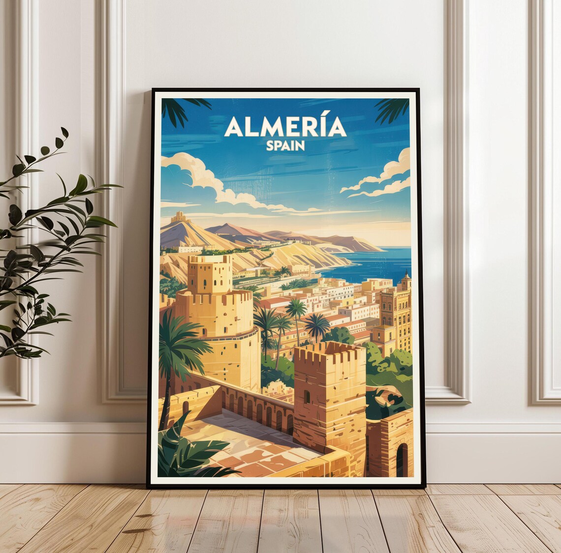 Almería Spain Travel Poster of Fortress Towers and Sunny Harbor