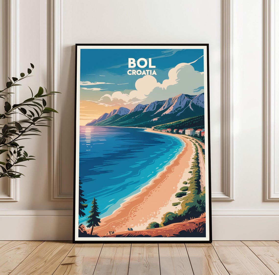 Bol Croatia Curved Sandy Beach Mountain Coastline Travel Poster